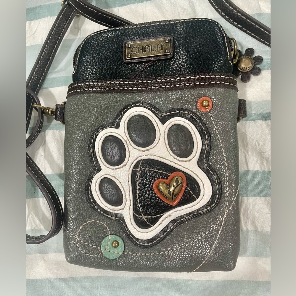 Chala Black and Gray Crossbody Bag with Paw and Heart